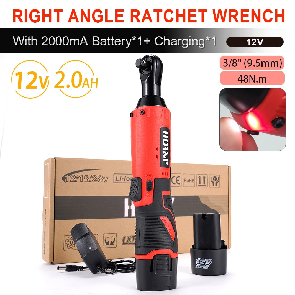 12V/18V Cordless Electric Screwdriver Wrench 3/8 Inch Right Angle Ratchet Wrench Impact Drill Removal Screw Nut Car Repair Tool