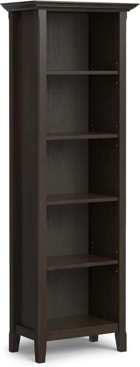Solid Wood Five Tier Bookcase Storage Organizer Display Shelf With Adjustable Shelves And Tapered Legs For Living Room Study Home Office, Transitional Wooden Furniture, Hickory Brown