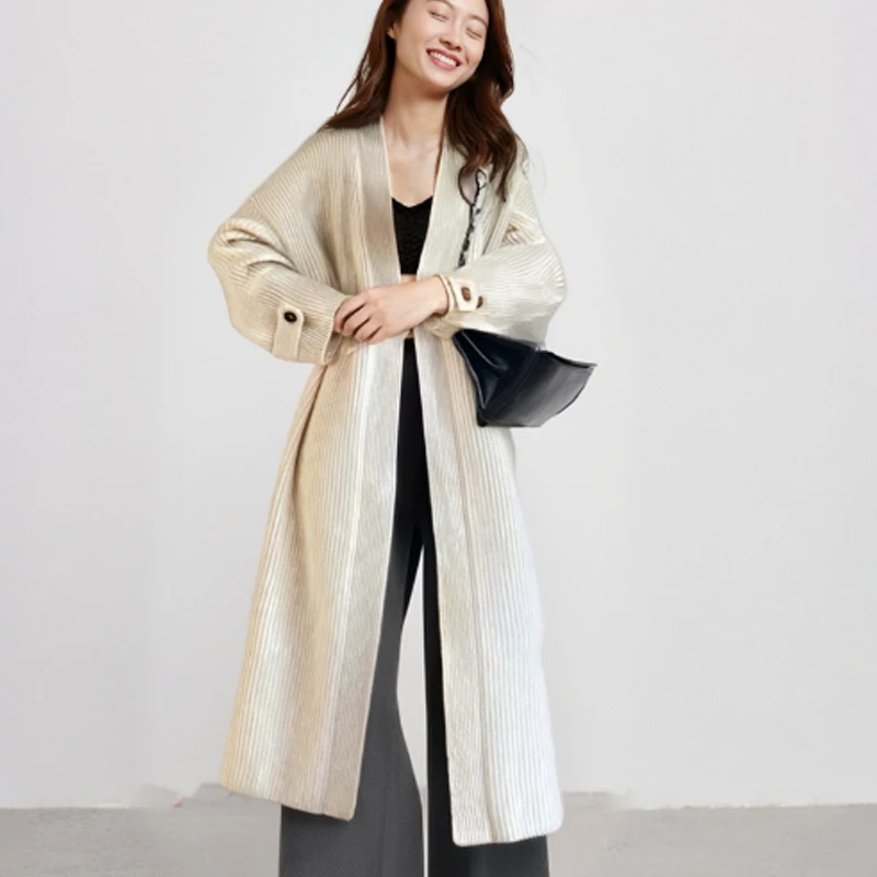 

2025 элегантное однотонное длинное вязаное пальто, осенняя мода, женский свитер с длинными рукавами, кардиган с манжетами на пуговицах, офисный женский трикотаж