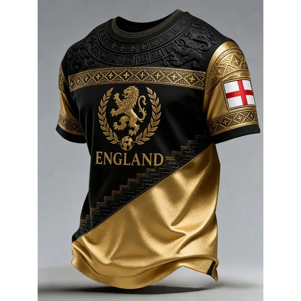 2026 Summer Black Gold England Soccer Tee Golden Lion Wreath Pattern 3d Printed Men Women Luxury Fan Sports Short Sleeve Top
