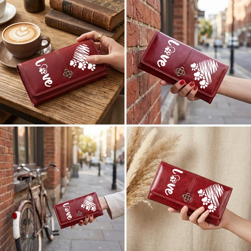 Heart-Shaped Paw Print Leather Women's Wallet Luxury Long Purses Women Cards Holder Wallets with Zip Coin Pocket Ladies Handbags