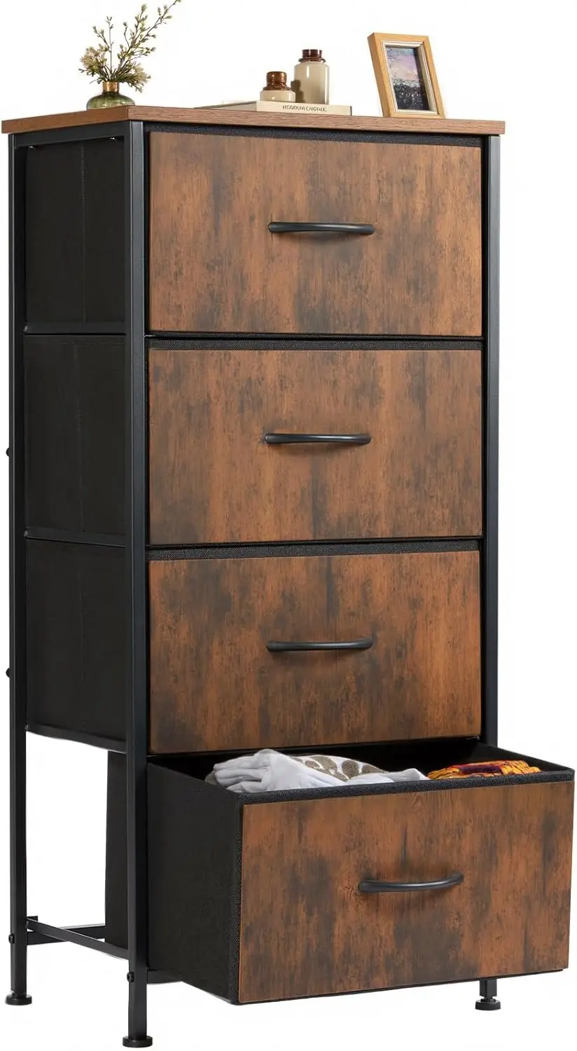 

4 Drawer Dresser, Fabric Storage Tower Organizer with Sturdy Steel Frame and Wood Top, Easy Pull Handles, for Bedroom, Closet, Entryway, Hallway, Brown