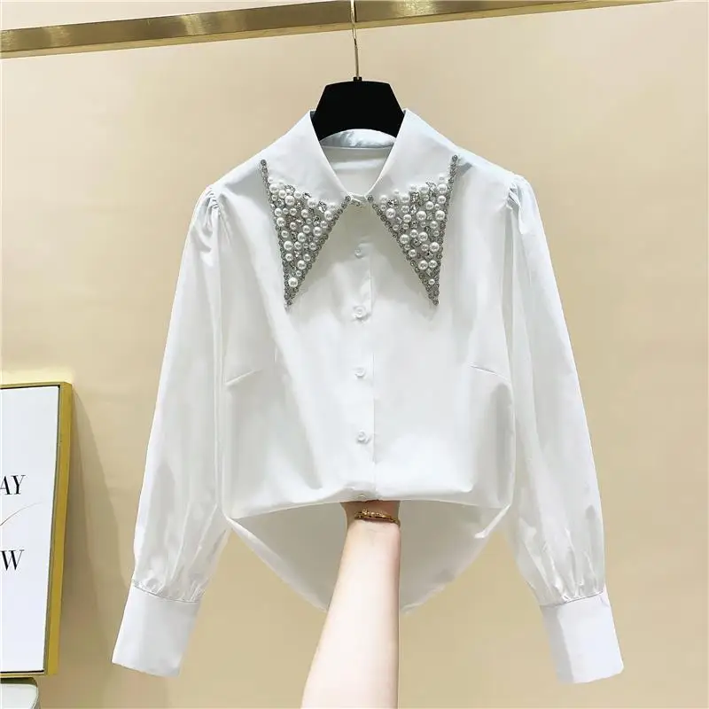 Heavy Industry Beads Diamond Doll Collar White Shirt for Women 2022 Spring and Autumn New Loose Design Niche Shirt Fashion