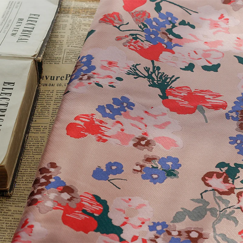 Retro Yarn Dyed Jacquard Fabric Trumpet Flower Pink Japanese Style Twill Women's Suit Dress Making Fabric 50cmx145cm