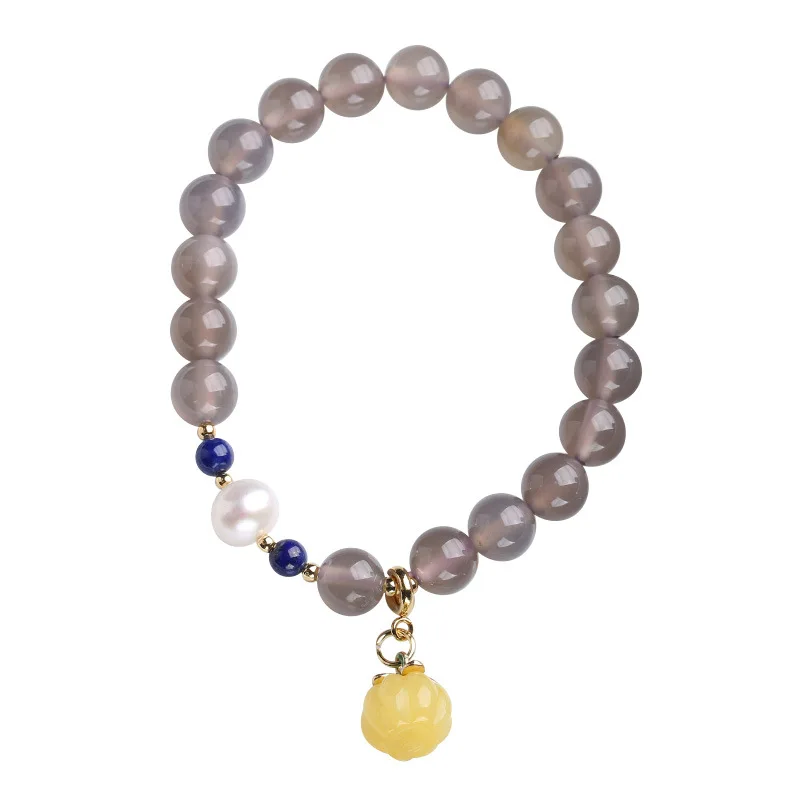 

Natural Grey Agate Topaz Pumpkin Freshwater Pearl Lapis Lazuli Beaded Bracelet for Women Gifts