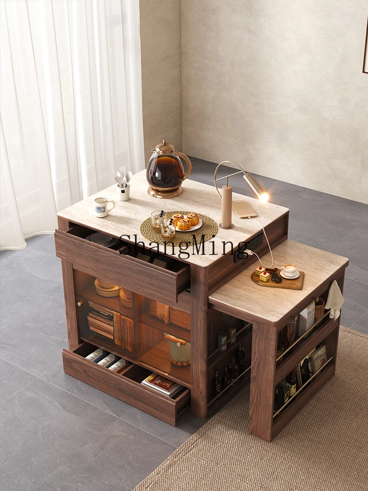 

ZYY medieval wind island dining table integrated household rock slab solid wood retractable small apartment