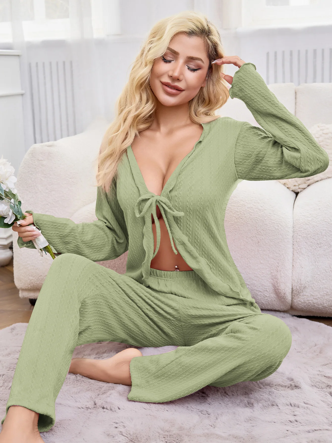 

Women's Sensual Pajamas Set Cardigan with Tie-Front and Ruffled Trim Long-Sleeved Top and Trousers Stylish Homewear