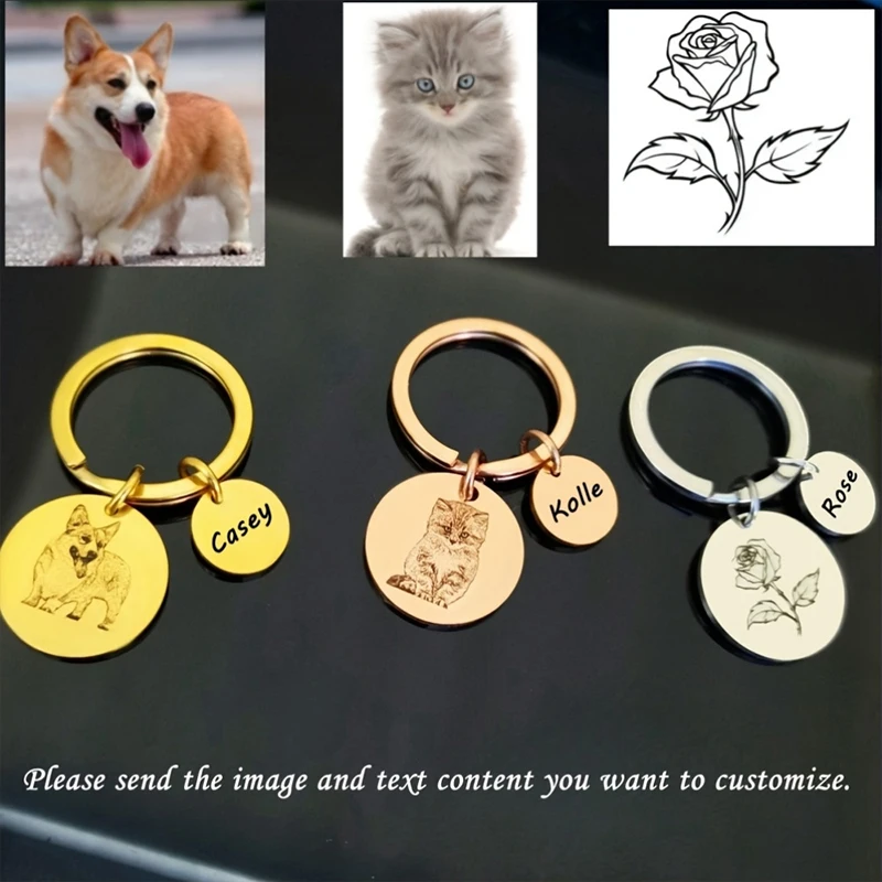 Personalized Men's Keychains Customize Pictures & Pet & Plants & Family Members Two Circular Pendants Stainless Steel Keychain