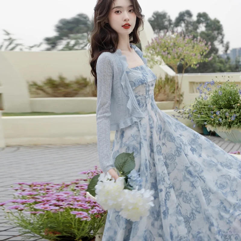 

Summer New Design Ultra-Fairy Forest System Set Dr Sunscreen Open Cardigan Slim Printing Dr Two-Piece Set Long Sve P...