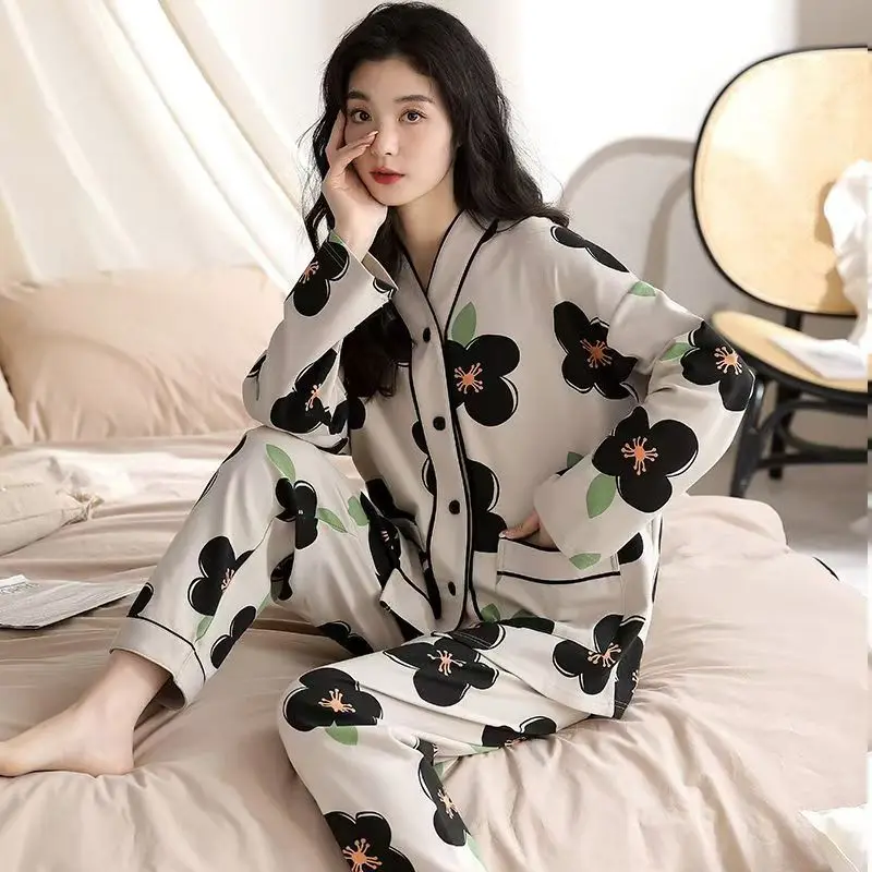 100% Pure Cotton Pajamas Women's Spring Autumn Long-sleeved Cute V-neck Korean Version Loose Suit Loungewear Can Be Worn Outside