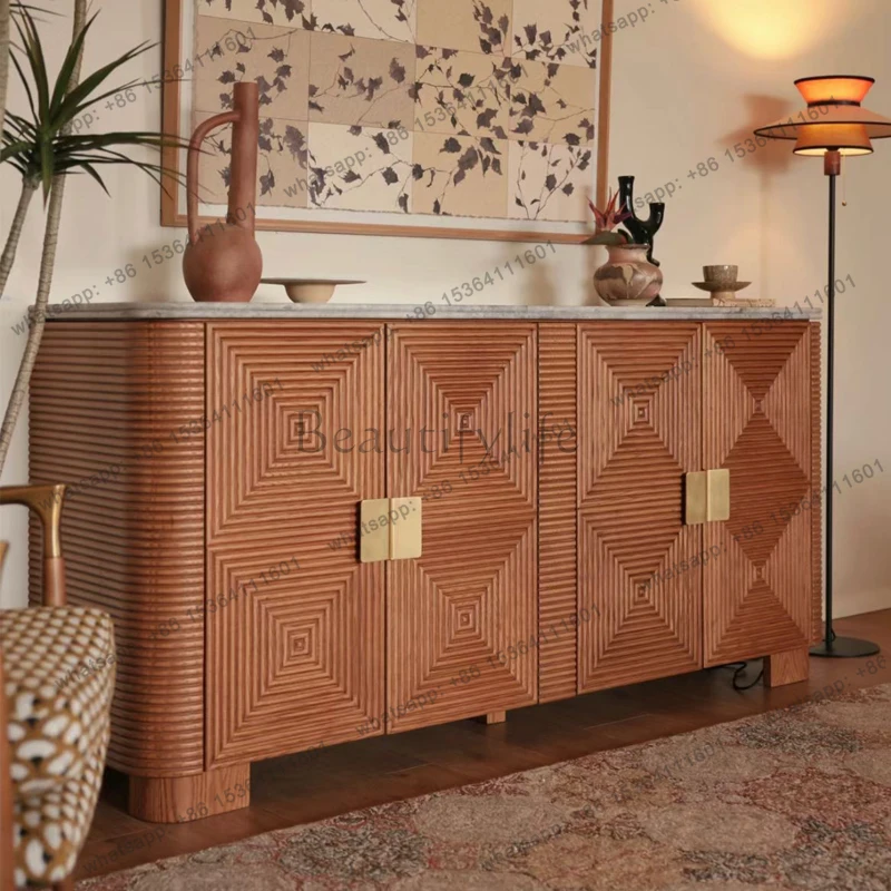 

Medieval solid wood porch cabinet living room household carved marble storage high cabinet