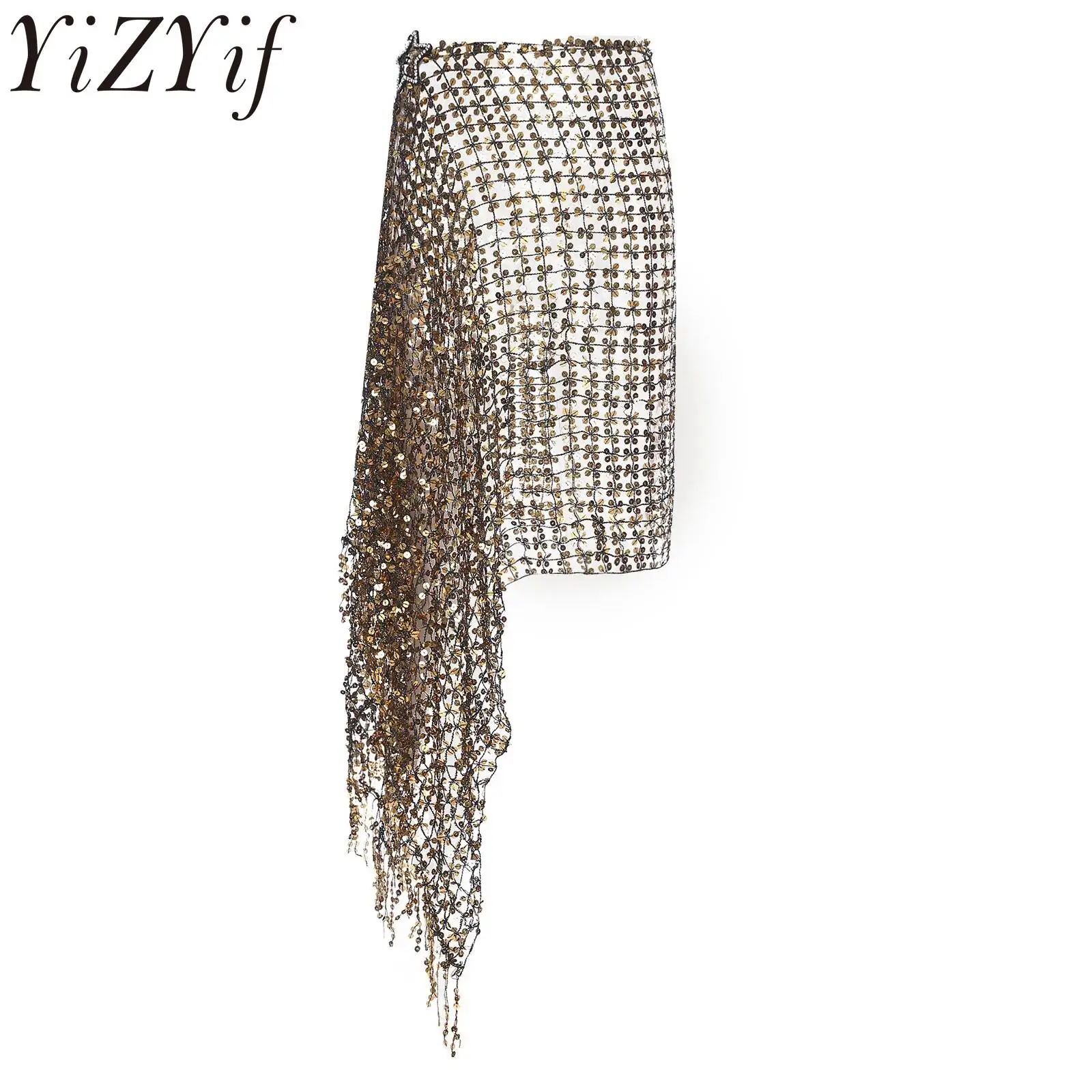 

Womens Belly Dance Hip Scarf with Rhinestone Star Clip Self-tied Tassel Trims Hollow Out Waist Chain Hip Skirt for Latin Salsa