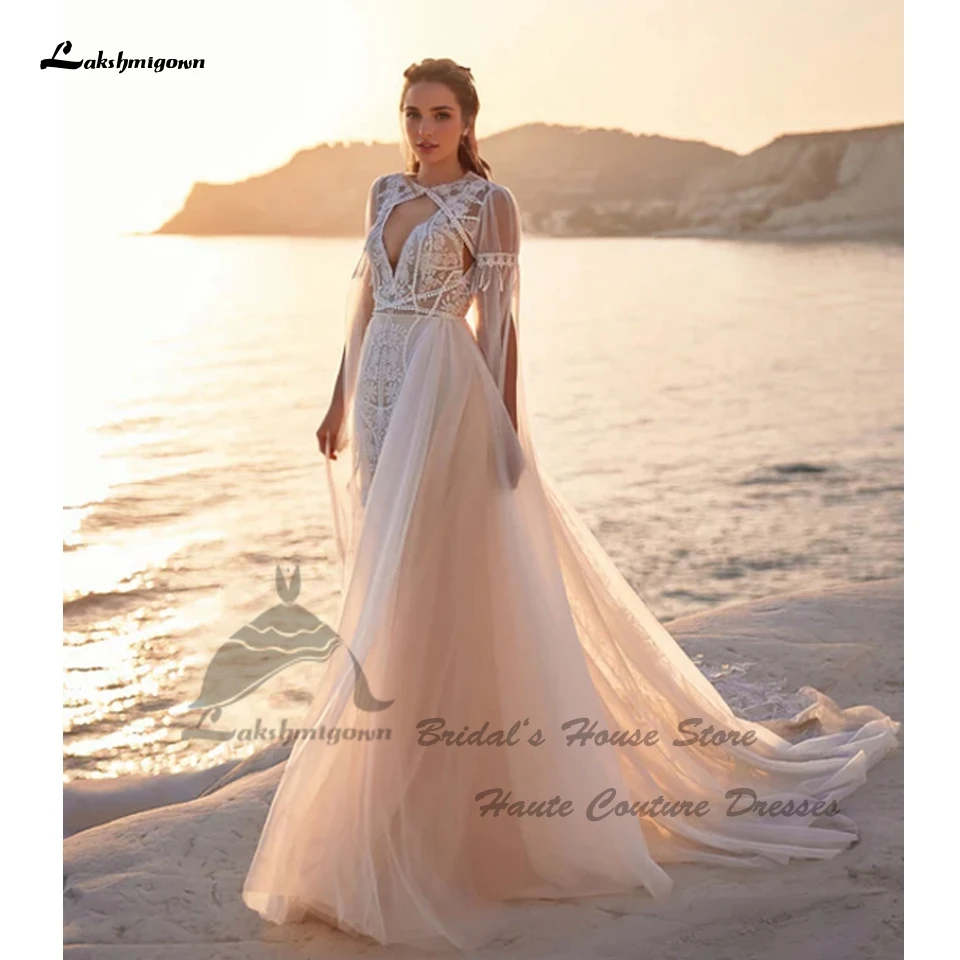 Lakshmigown Luxuriöse Spitzen-Boho-Hochzeitskleider 2026 Vestidos Civil Flare Langarm Strand-Brautkleider mit tiefem V-Ausschnitt, maßgeschneidert – Detail 4
