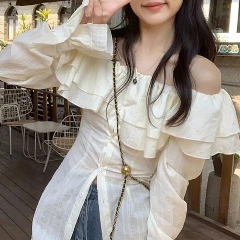 Women Fashion Double Layered Ruffle Sexy Off Shoulder Shirts Casual Street Sweet Chic Blouse Female Solid Slim Long Sleeve Tops