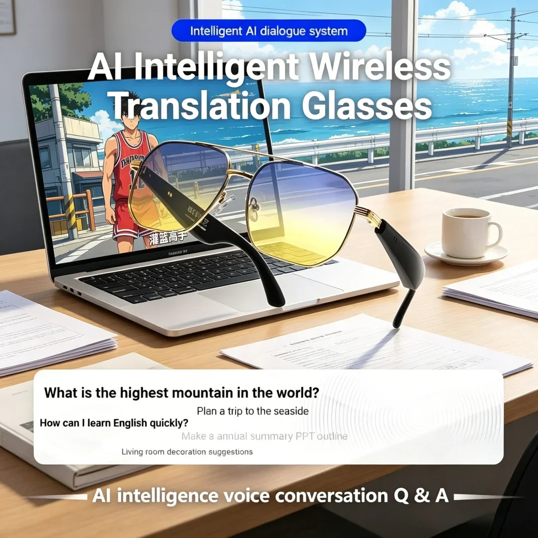 

Novel AI Smart Glasses Wireless Call Headset 2 In 1 Versatile Cross-language Translation Lyrical Music Playing Sunglasses