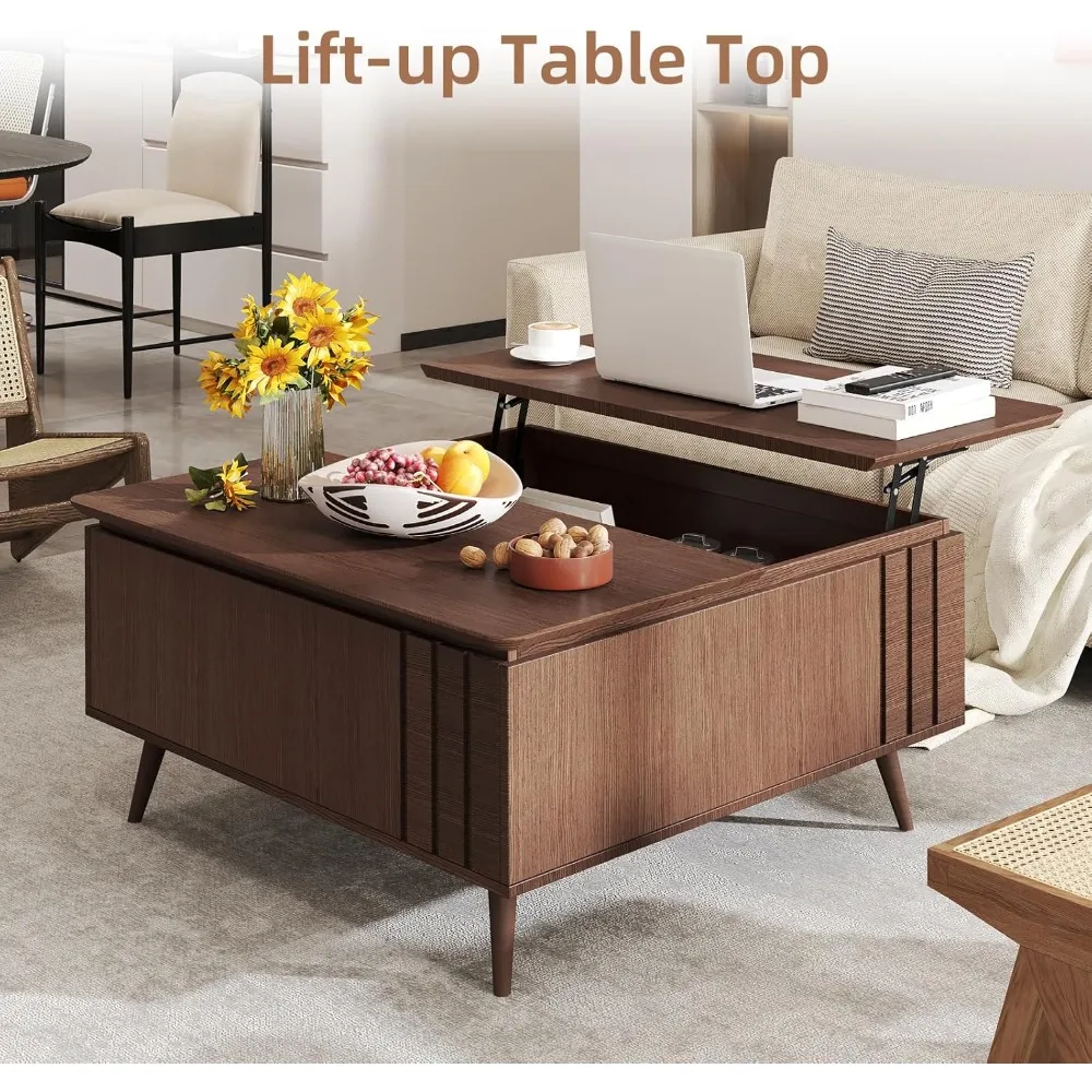 Mid-Century Modern Square Coffee Table with Lift-Top Storage and Hidden Compartment