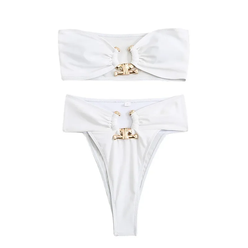 Bikini Bandeau con eslabones de anillo para mujer, traje de baño brasileño Sexy para mujer, ropa de playa unicolor, bañadores, traje de baño 2024