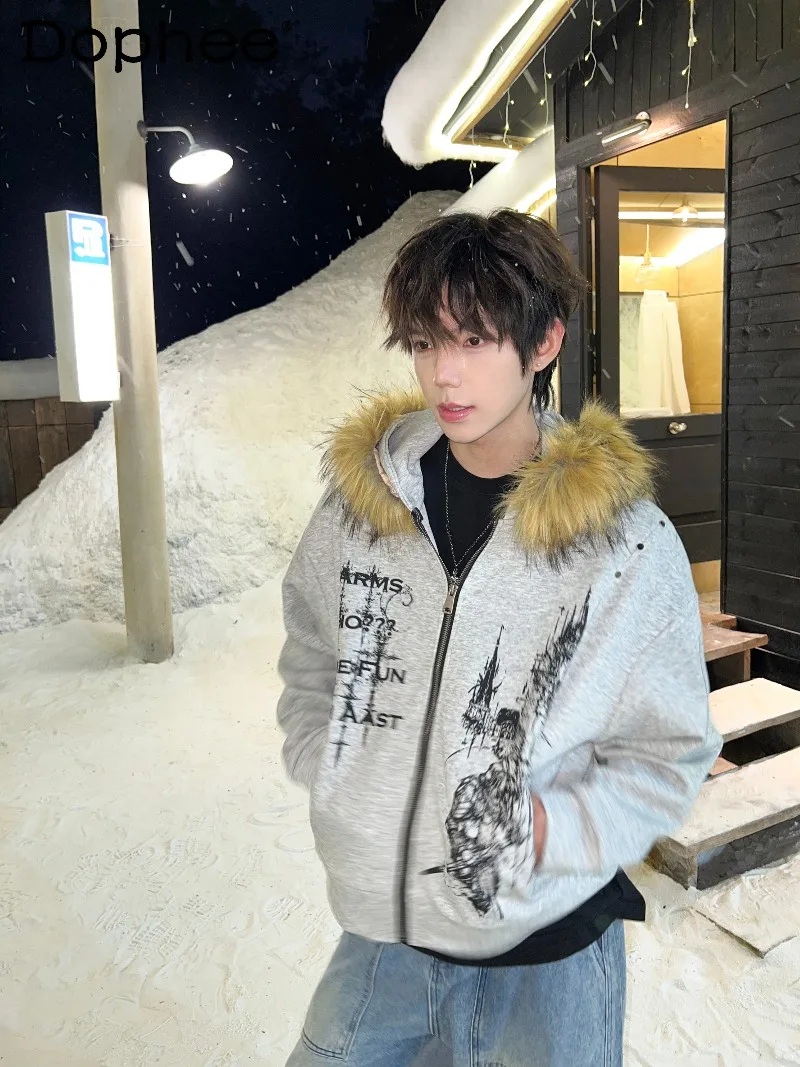 

Y2K Subculture American High Street Fur Collar Hooded Sweatshirt Loose Casual Fashion Trend Cardigan Short Jacket for Men