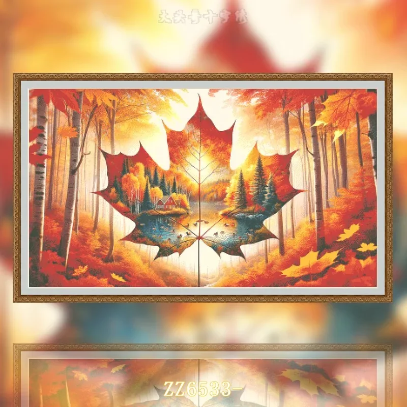 【ZZ6533-Maple Leaf Wonderland】11CT 14CT 16CT DIY Stamped Cross Stitch Kit with Printed Canvas and Cotton Threads Embroidery Need