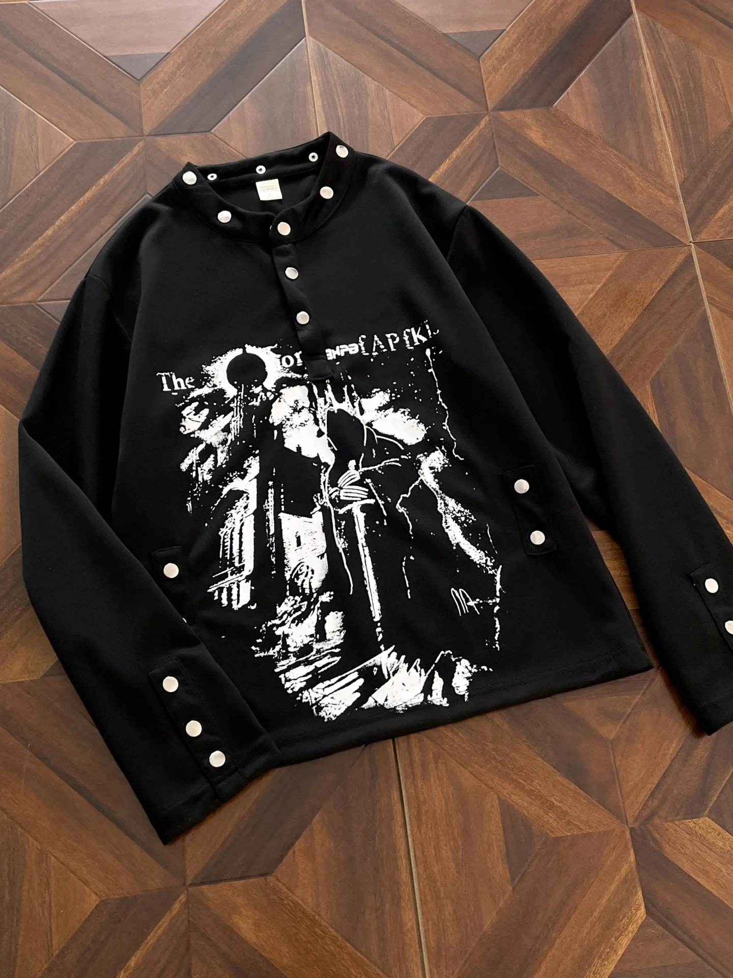 Y2K Subculture Castle Print Stand Collar Sweatshirt Long Sleeve Henry Collar Unisex High End Feeling Rivet American Style T-S...