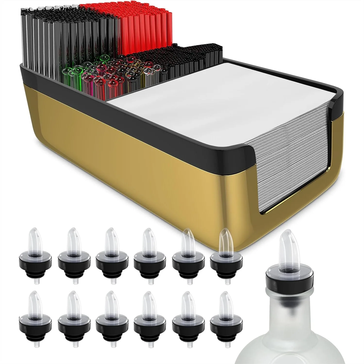

Rectangular Bar Caddy with 12 Pourers and Covers for Efficient Drink Preparation