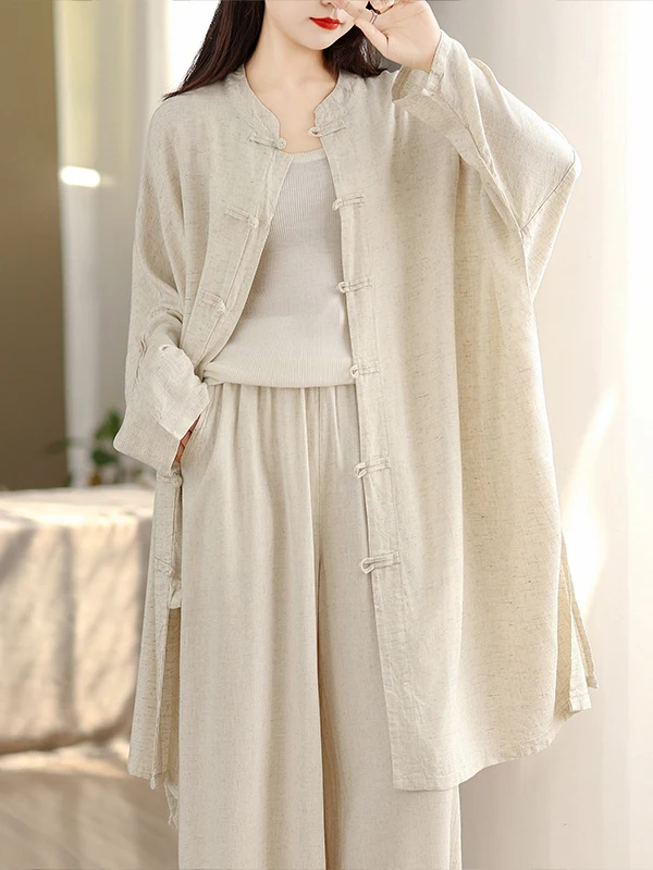 

Chinese Style Linen Retro Shirt Large Size Women's Loose Long Sleeve Tai Chi Top Cotton and Linen Shirt Autumn