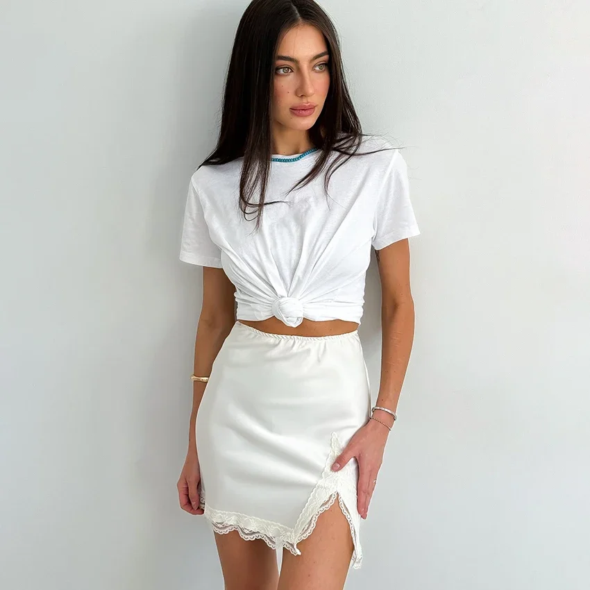 

Элегантные атласные юбки-карандаш с вышивкой, летние сексуальные мини-юбки с высокой талией и разрезом для женщин, модная тонкая юбка женская 2025