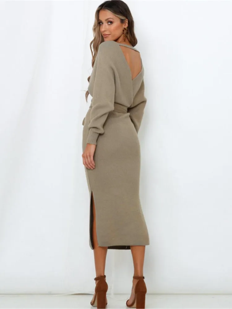 

Spring Woman Elegant Long Sleeve Bodycon Dress Casual Solid Color Ribbed Skinny Knitted Maxi Dress Fall Women Sexy Sweater Dress