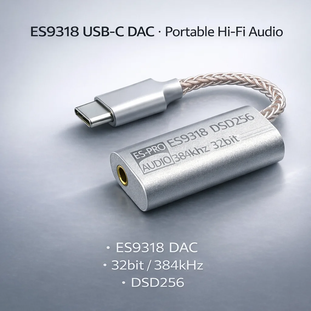 LY Tech ES9318 USB-C DAC wzmacniacz słuchawkowy, 32bit/384kHz DSD256, moc wyjściowa 180mW, przenośny adapter audio Hi-Fi z aluminium CNC