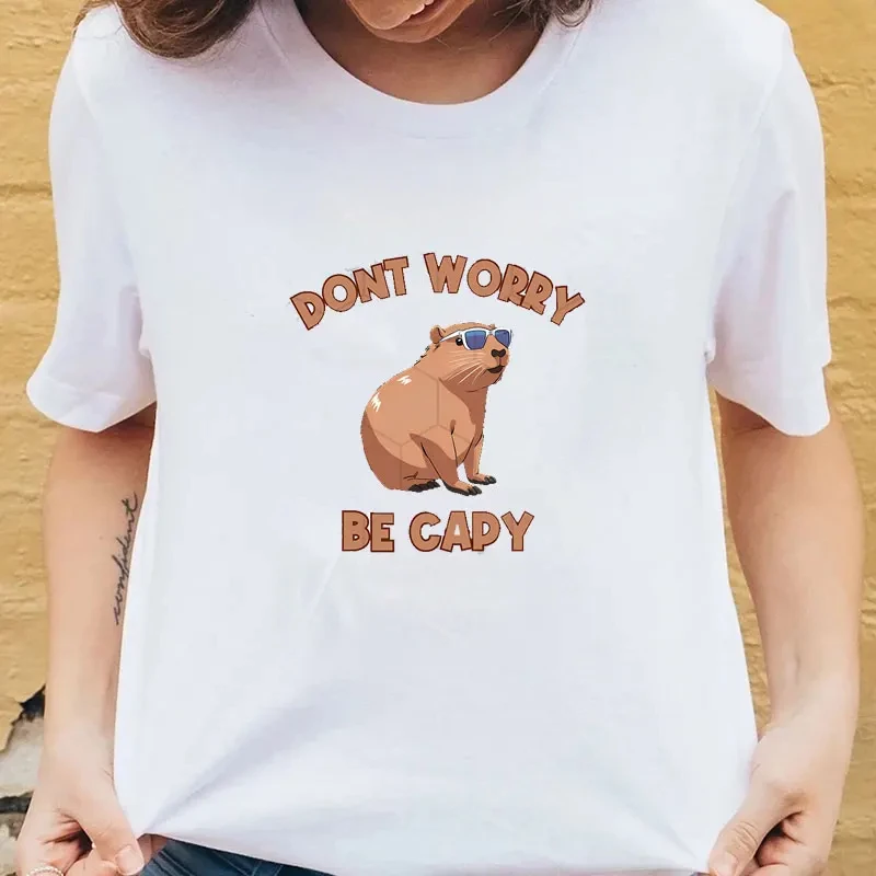 

DONT WORRY BE CAPY Cute Capybara Clothing Cartoon T-Shirt Women Female Casual Anime Graphic Cotton Tee Tops Kawaii Clothes