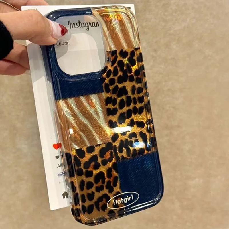 Whirlpool retro denim blue leopard print phone case for iPhone 11 12 13 14 15 16 pro max