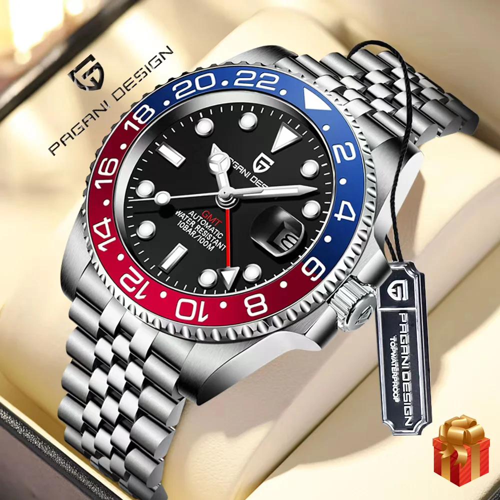 새로운 파가니 디자인 GMT 시계 남성용 럭셔리 사파이어 자동 기계식 시계 40MM 스테인리스 방수 선물 상자 시계