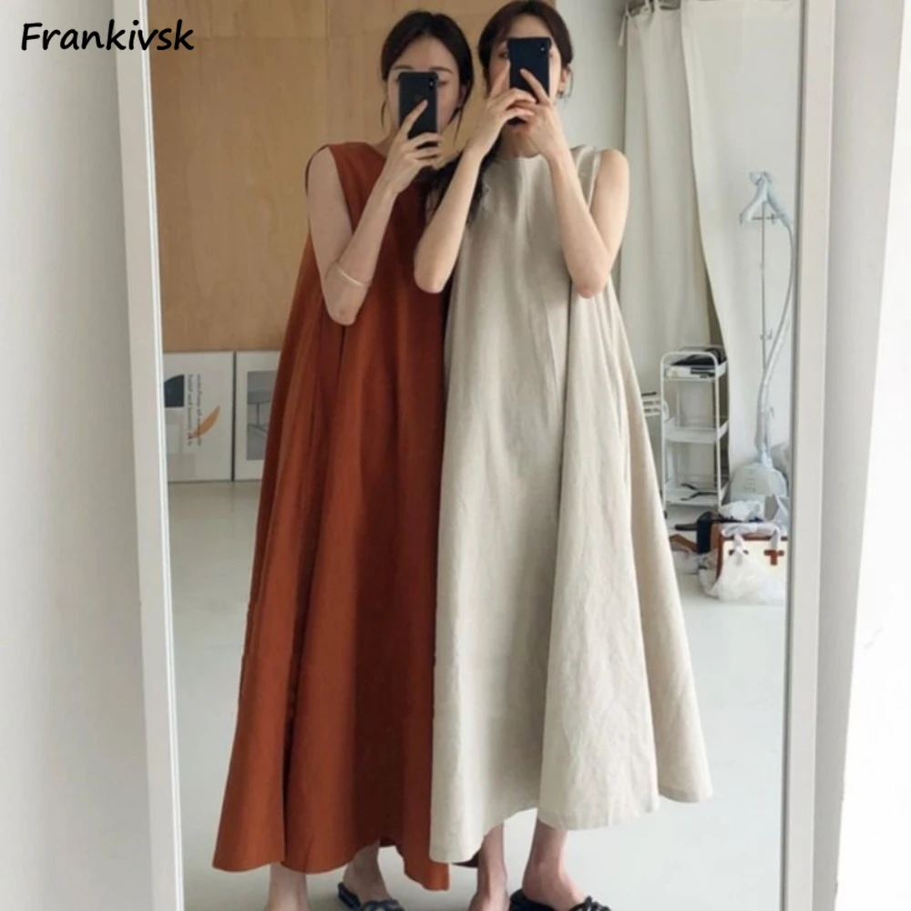 Women Leisure Loose Dresses Vintage Sleeveless Solid Colors Vestidos Breathable Slim Korean Style Daily Slouchy Popular Summer