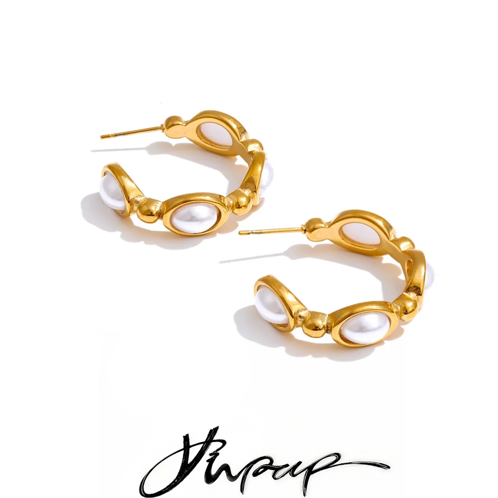 Yhpup Simulated Pearls C-Shape Hoop Earrings for All Occasions Stainless Steel Vintage Fashion Korean Daily Basic Jewelry Gift