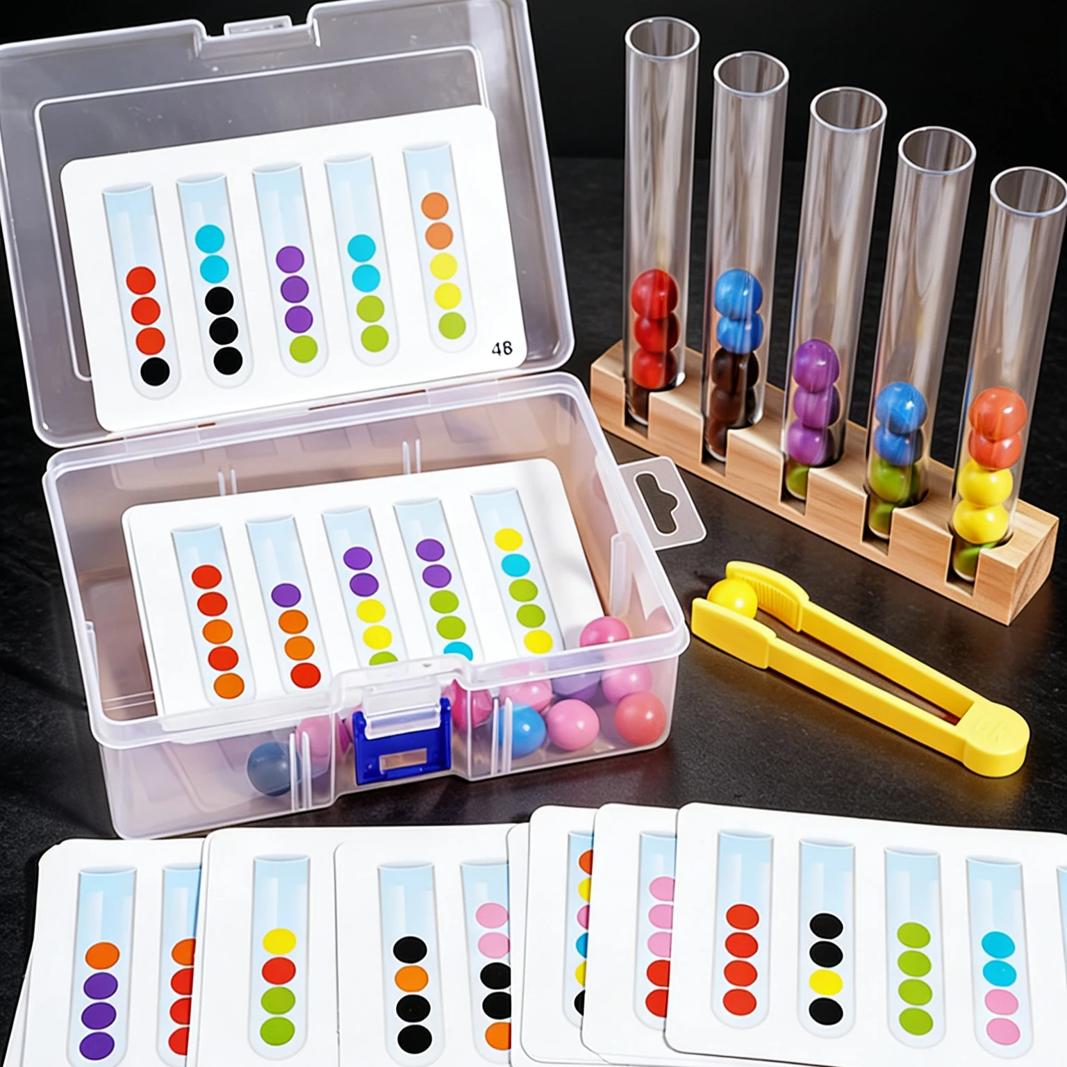 어린이 튜브 클램핑 색상 맞추기 게임 8가지 색상 나무 구슬 핀셋 세트, 유아의 소근육 발달 및 색상 인식 향상