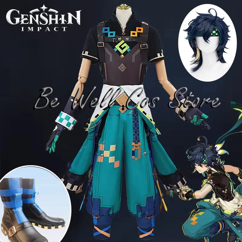 Jogo Genshin Impact Kinich Cosplay Traje para Homens e Mulheres, Peruca, Headwear, Brincos, Uniforme, Sapatos de Halloween Role Play