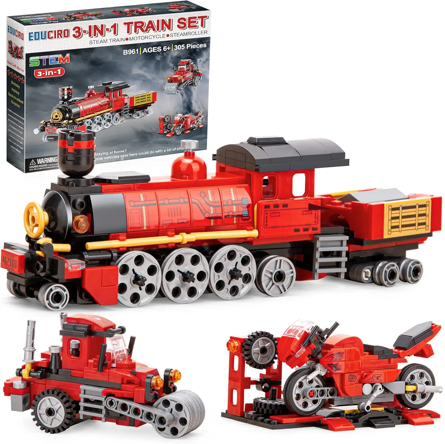 Toys Train Sets, 3 in 1 Building kit Steam Train Motorcycle Tractor for Kids