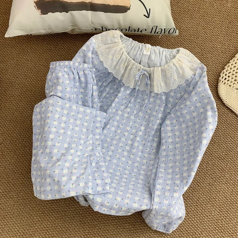 

Lace Crew Neck Plaid Flower Print Pajamas Set Loose Casual Korean Sweet Plus Size Women's Pajamas Autumn Winter New Loungewear