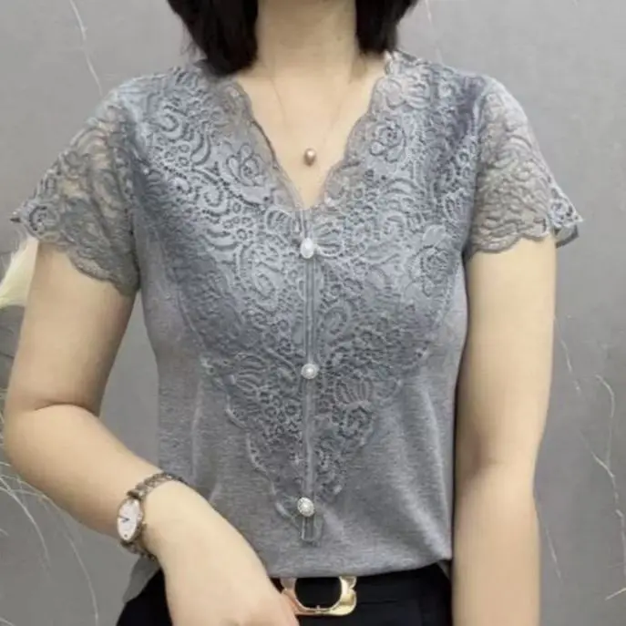 

Women's T-Shirt New Summer Slim Fit Korean Style Lace Patchwork Fashionable Blouse Top
