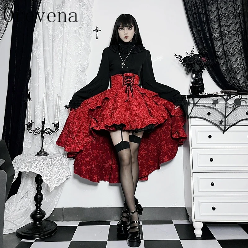 Halloween Gothic Vampire Costume Skirt Women Orevena Jacquard High Waist Lace Up Corset High Low Asymmetric Ruffle Tail Skirt