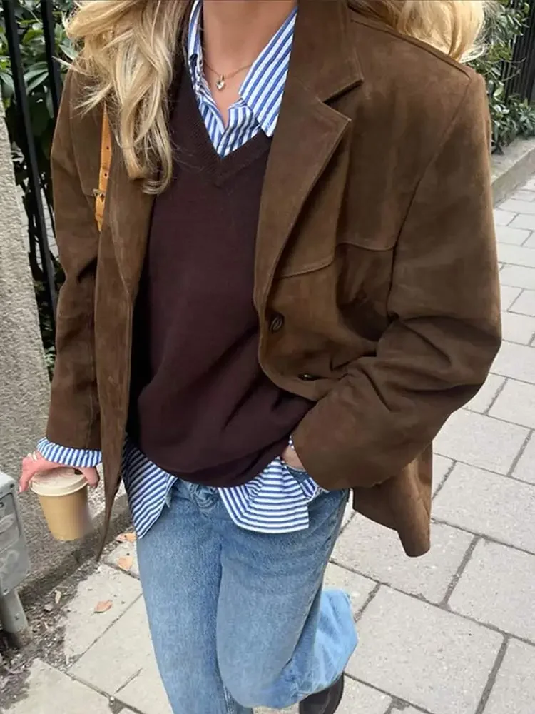 Chaqueta de cuero de ante con solapa para mujer, abrigo corto informal de manga larga con un solo botón, color marrón, ropa de calle para otoño, 2024