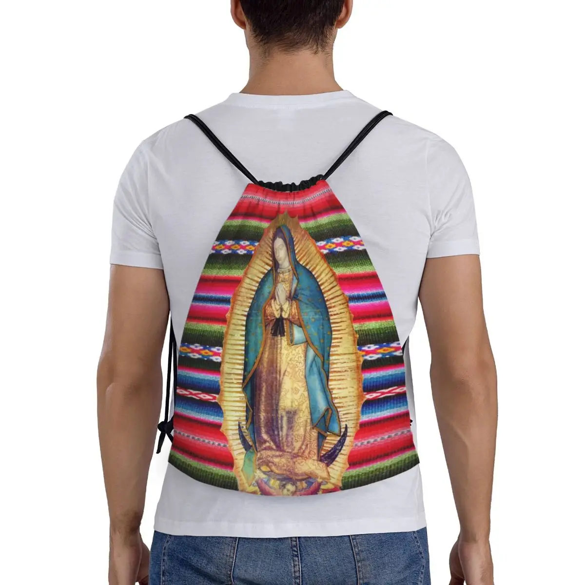 Custom Our Lady Of Guadalupe Virgen Maria Zarape Drawstring Backpack Sport Sackpack Foldable Mary Catholic Training Bag Sack