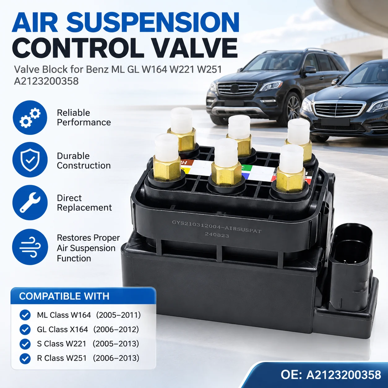 Blocco valvole di controllo sospensioni pneumatiche per Mercedes Benz W164 W221 W251 W212 Oe A2123200358 2513200058