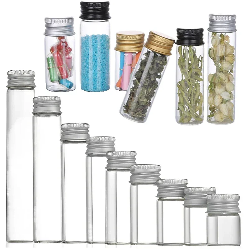 50 STKS Mini Glazen Flessen met Aluminium Deksels 5 ml-100 ml Monsterflesje voor DIY Arts Flesjes Ambachten Bloem Thee Sieraden Bruiloft Decoratie