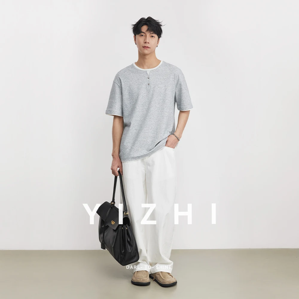 Fashion Fake Two-piece Retro Henry Collar Knitted Short-sleeved 2026 Summer T-shirt Men's American Solid Color Casual Pullover