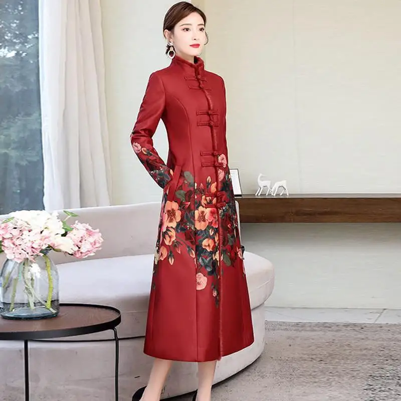 2024 chinese national style cotton qipao improved cheongsam skirt cotton jacket women elegant printing dress warm cheongsam