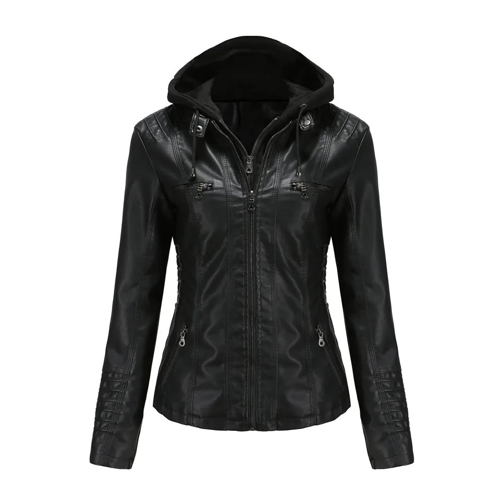 Women Faux Leather Jackets Hooded Full Sleeve Slim Fit Jacket Zipper Spliced Coats Solid Casual Streetwear Autumn 2024