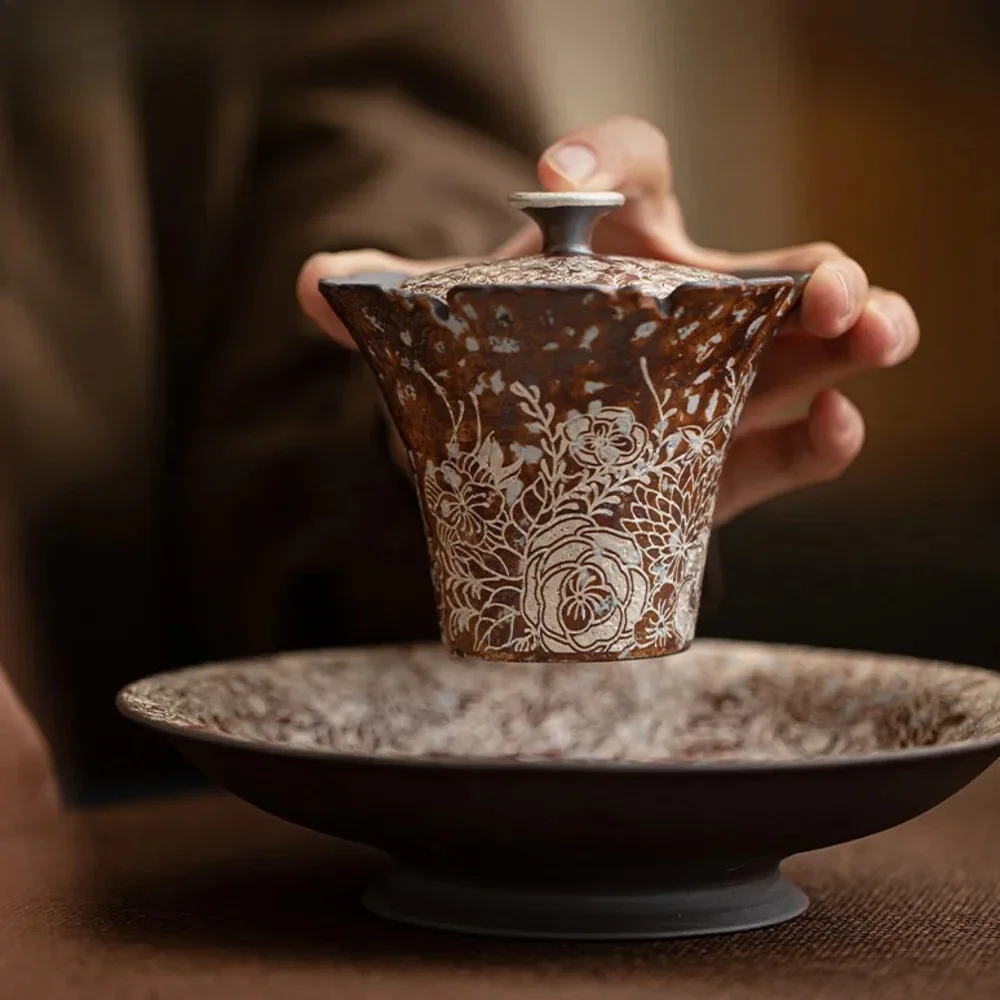 150ml Retro Gilded Silver Flower Mouth Gaiwan Zen Coarse Pottery Tureen Tea Household Tea Maker Cover Bowl Chinese Set Gift