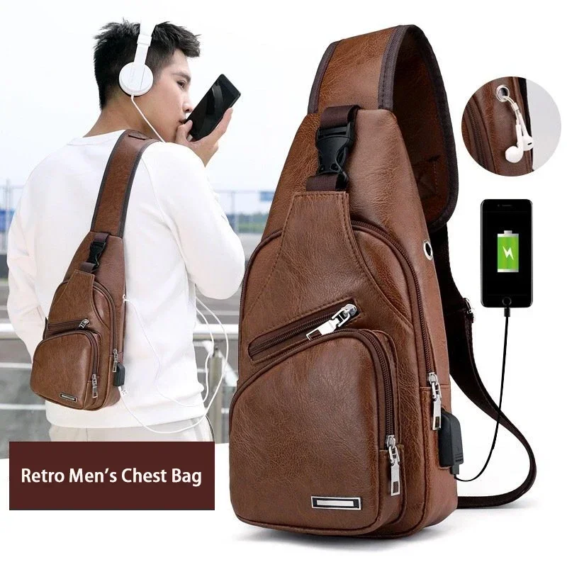 Usb Charging Travel Organize Crossbody Shoulder Bags New Vintage Shoulder Bag For Man PU Leather Brown Chest Bag Large Capacity