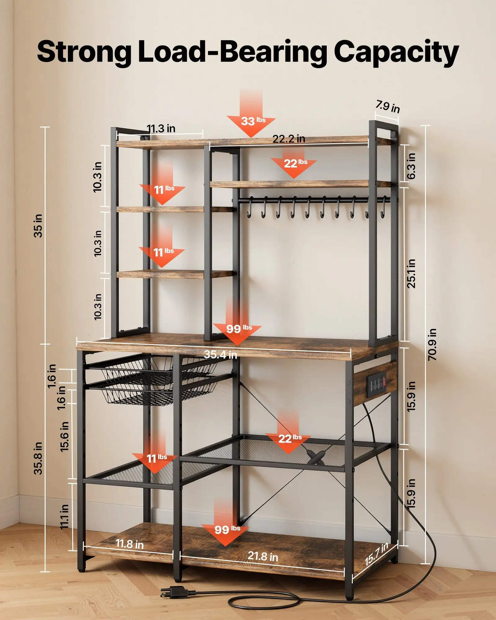 Kitchen Bakers Rack, 5 ft Power Cable Bakers Rack with Power Outlet, Kitchen Stand with X-Shaped Support Bar, 10 S-Shaped Hooks, Coffee Bar Stand for Dishes, Spice Bottles, Built-In Power Strip
